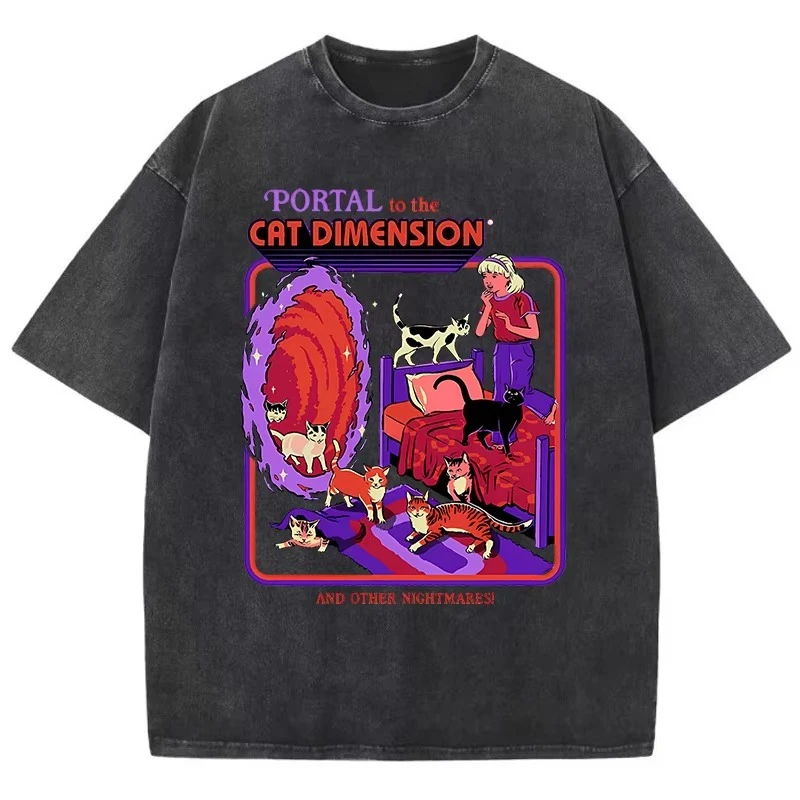 

Portal To The Cat Dimension Washed Retro Men Clothes Fashion Summer T-Shirts Streetwear Cotton Loose Tops Breathable Tee Couple