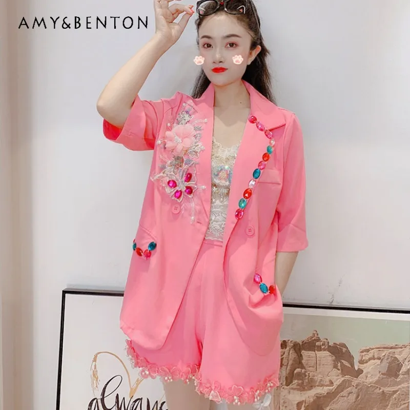 Fashion Suit Women's Summer New Heavy Industry Luxury Hand-Sewn Rhinestone Pink Short Sleeves Blazer Coat Shorts Two-Pieces Set