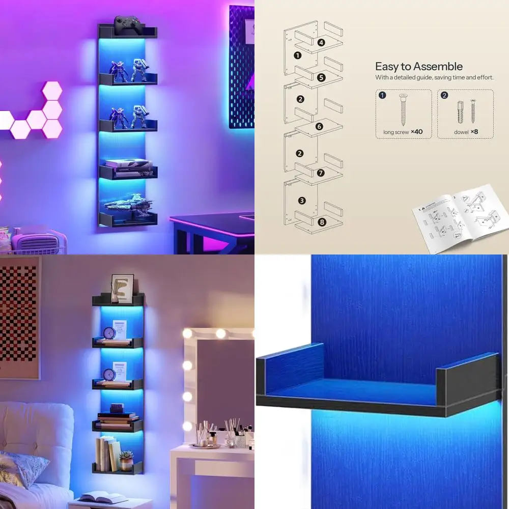 

5-Tier Modern LED-Lit Floating Wall Shelf, 45.7 Black, Ideal for Home Storage & Display