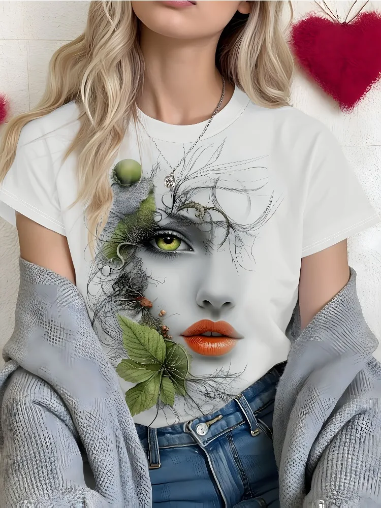 Cutting-edge Art Design Women's Short-Sleeve T-Shirt with Botanical Face Print: Green Leaves and Vines Intertwined Trendy Shirt