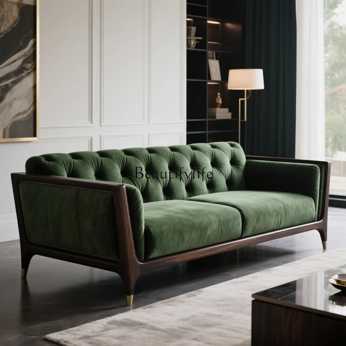 

New Chinese straight-row sofa, black walnut modern simple office reception sofa