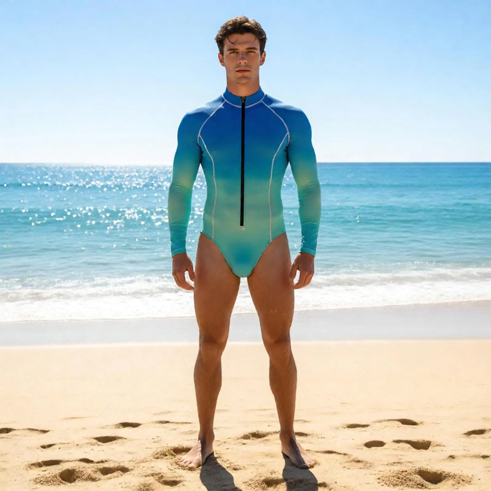 Men Gradient Swimming Bodysuit Stand Collar Long Sleeve Zip Front Quick-dry Stretchy Leotard for Surfing Diving Workout Training
