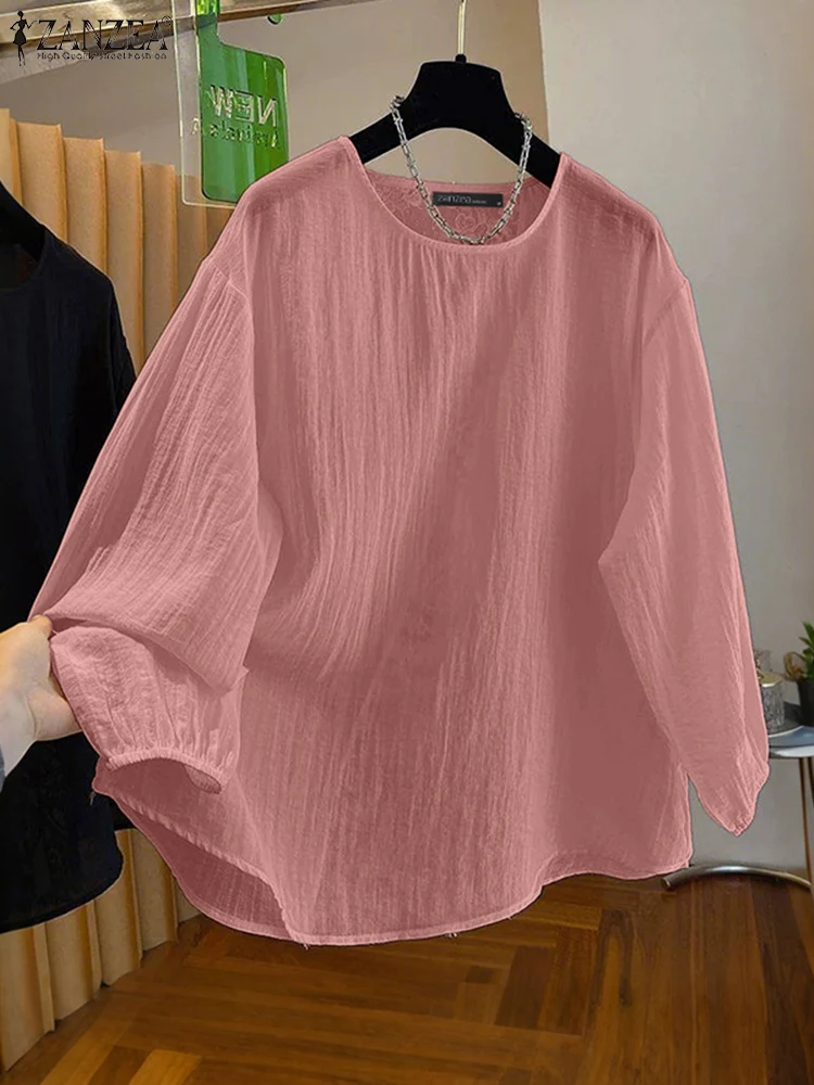 

ZANZEA женские блузки с длинным рукавом, осенние топы 2025, модная однотонная повседневная свободная блузка, элегантная туника с круглым вырезом, большие размеры