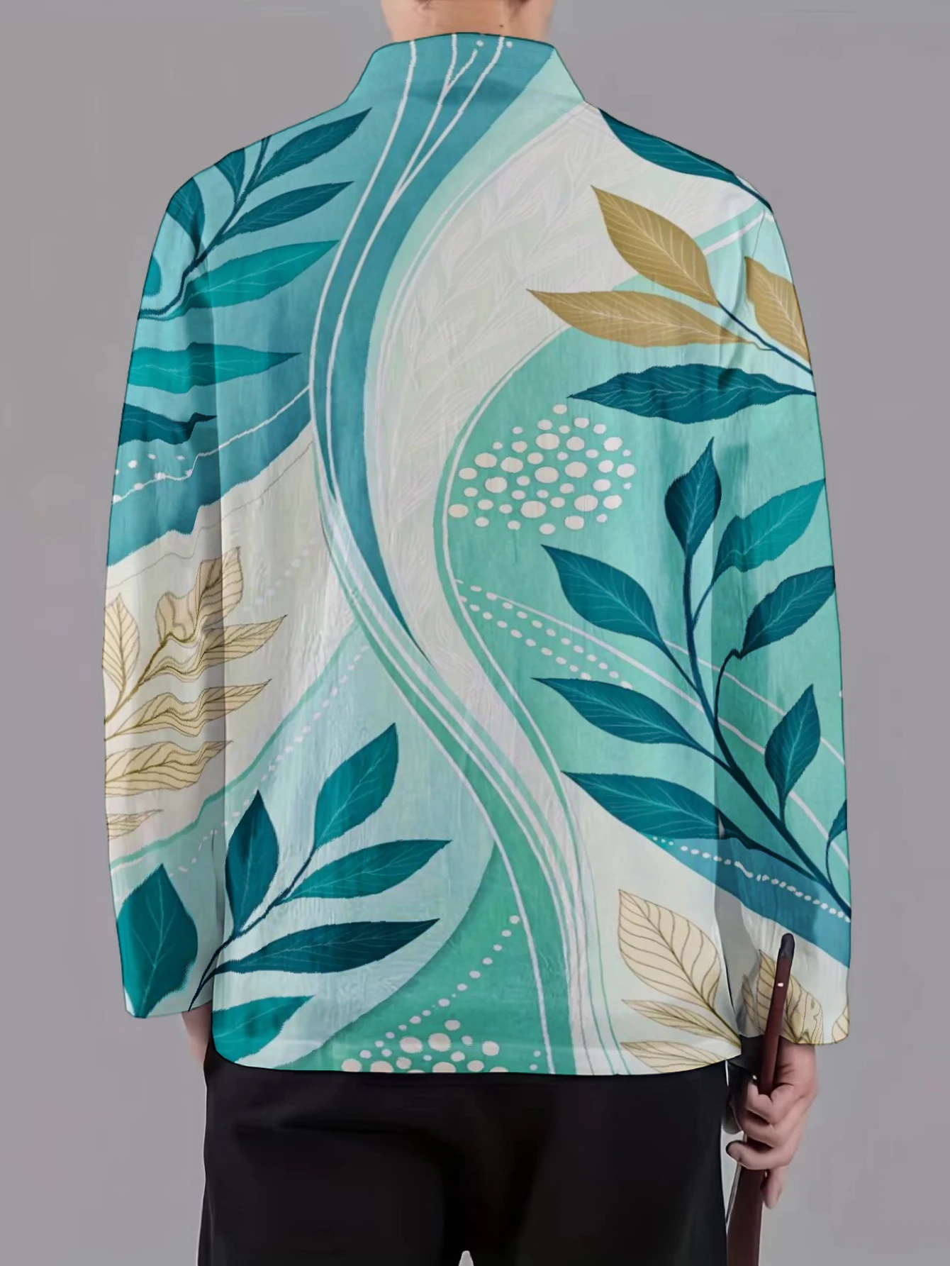 Men Mandarin Collar Frog Button Jacket Leaf Cactus Tropical Art Print Traditional Outerwear view 5