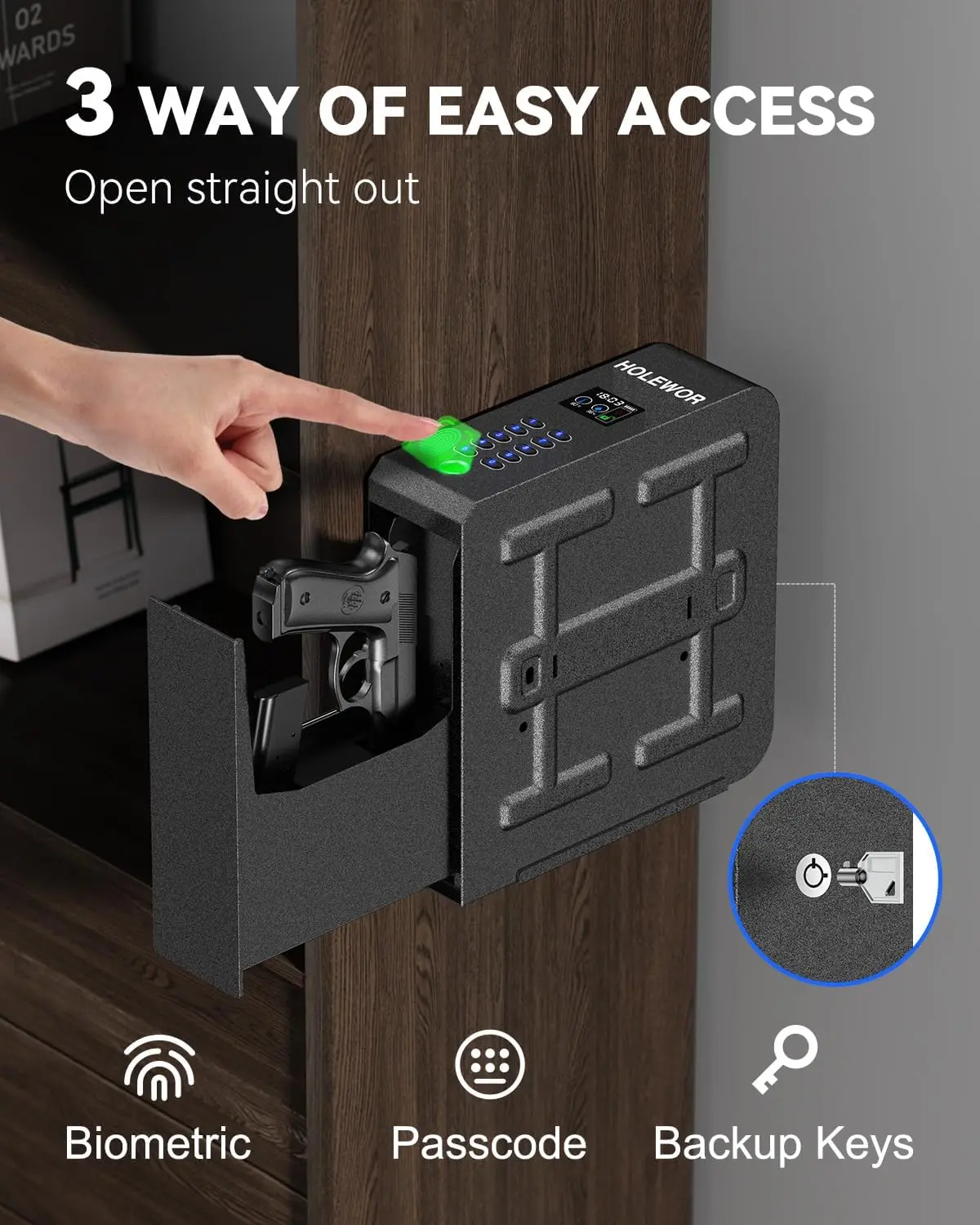Gun Safe, Slider Biometric Pistol Safe Fingerprint Bedside Gun Lock Box, 3 Ways Quick Access Mounted Handgun Case for Nightstand