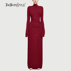 TWOTWINSTYLE Solid Slimming Temperament Dresses for Women High Neck Patchwork Folds Minimalism Dress Female Fashion Clothing New