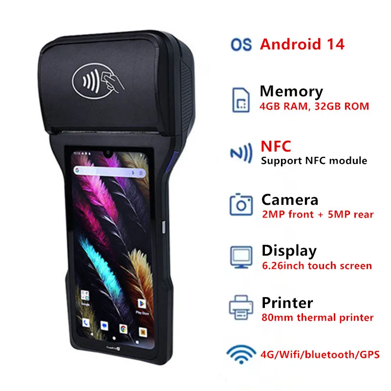 Handheld 4G NFC GMS 6.26-inch Android 14 POS Terminal Mobile Payment Cash Register with Camera Sacnner 80mm Thermal Printer