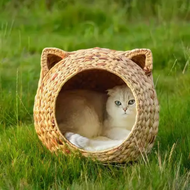 Cz rattan cat bed - summer cool, natural cattail, hand-woven pet house, semi-enclosed cat villa, all-season use