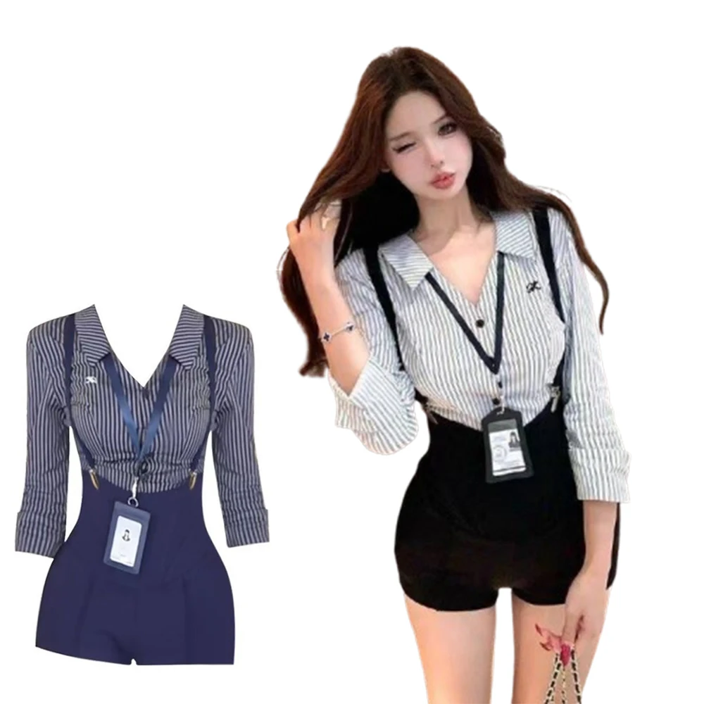 

Women Elegant OL Secretary Striped Long Sleeve Shirt High Waist Suspender Shorts Office Lady Temperament Pure Desire Casual Suit