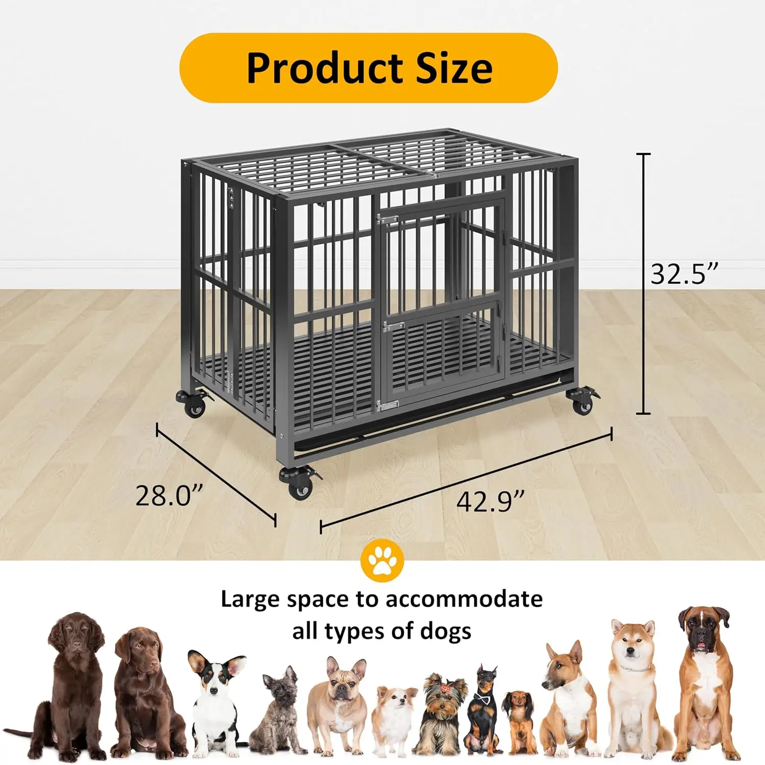

Heavy Duty Dog Crate, Folding Dog Kennel No Assembly, Escape Proof Large Dog Cage Kennel with Lockable Wheels