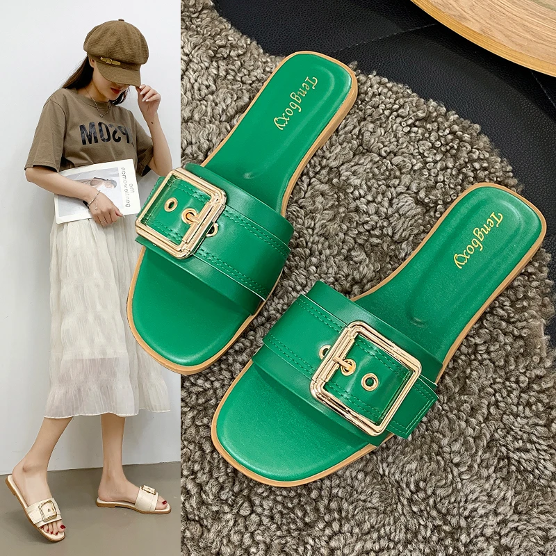 Summer New Square Button One line Slippers for Women's Fashion and Casual Flat Bottom Versatile Slippers for Outwear