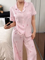 Women Bow Striped Print Pajama Sets Summer Short Sleeve Sleep Tops With Pants Pajamas Sets Comfortable Sleepwear Loungewear - Image 2