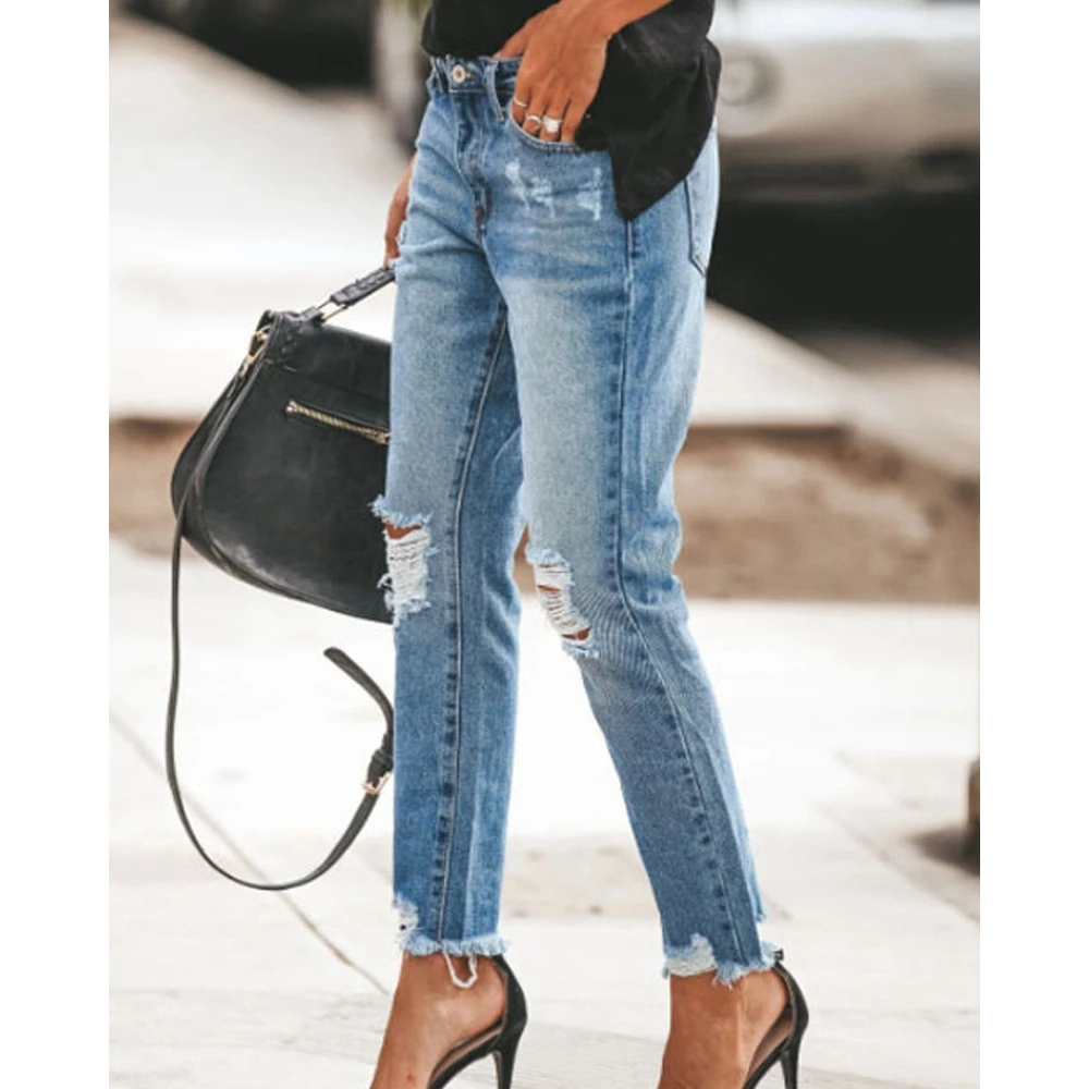 Women's Vintage Washed Ripped Skinny Jeans Bleached Denim Pants