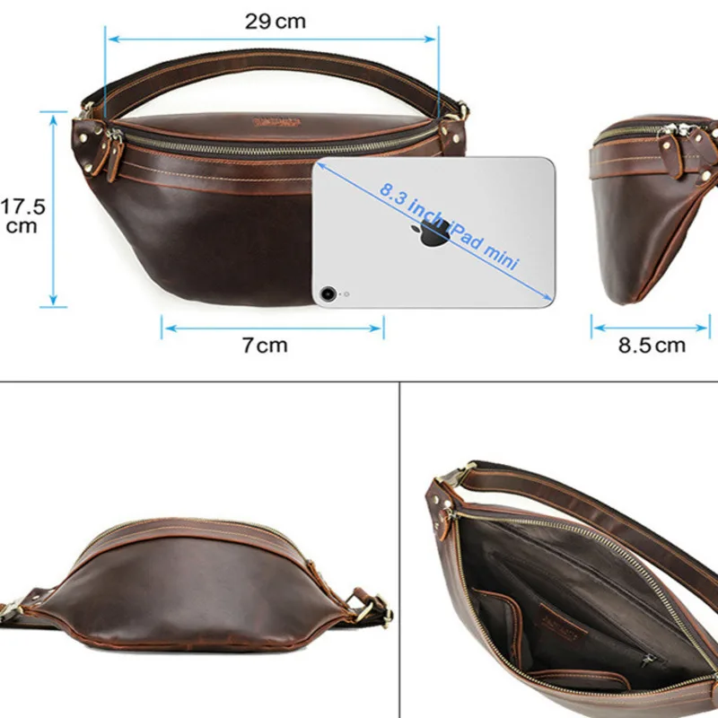 British Style Top Layer Cowhide Crazy Horse Cowhide Large Capacity Multi Functional Genuine Leather Waist Bag Men's Mobile Phone