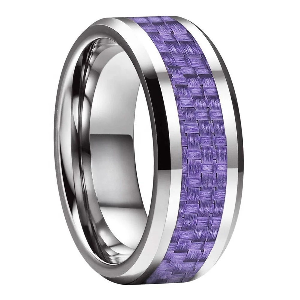 Mens 8mm Silver Tungsten Carbide Wedding Band Engagement Rings for Men Women Purple Carbon Fiber Inlay Beveled Edges Comfort Fit