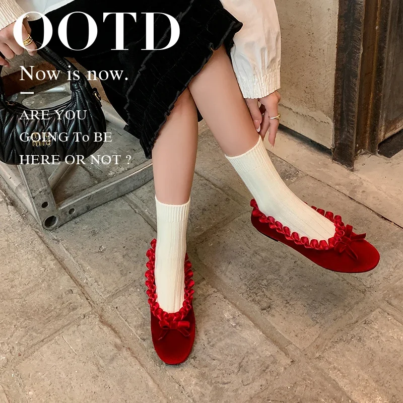 

2025 new spring autumn women pumps natural leather 22-24.5cm velvet upper Lace bow round toe low heel women shoes glove shoes