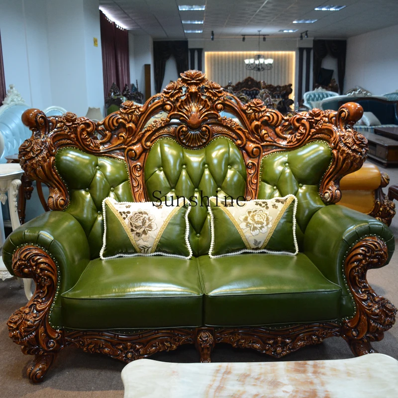 

European leather sofa large apartment villa green luxury high-end noble furniture