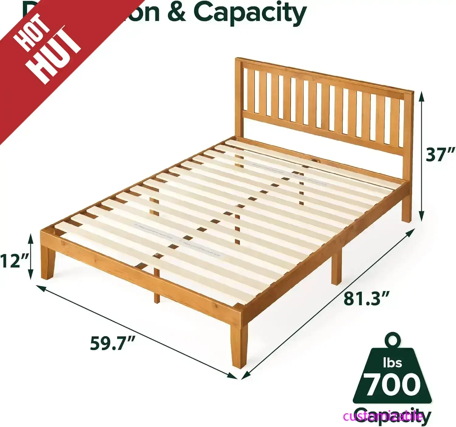 

12 Inch Solid Wood Platform Bed with Headboard/No Box Spring Needed/Wood Slat Support/Rustic Pine Finish, Queen