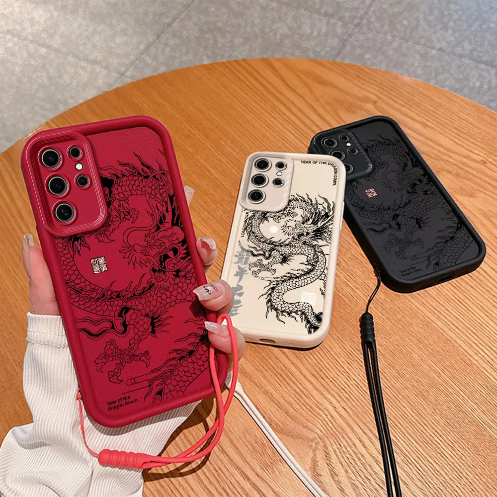 Black Chinese Hot Dragon Phone Case for OPPO A5 A7 A16 A17 A38 A53 A54 A55 A58 A72 A74 A76 A78 A94 4G 5G Cover With Hand Strap