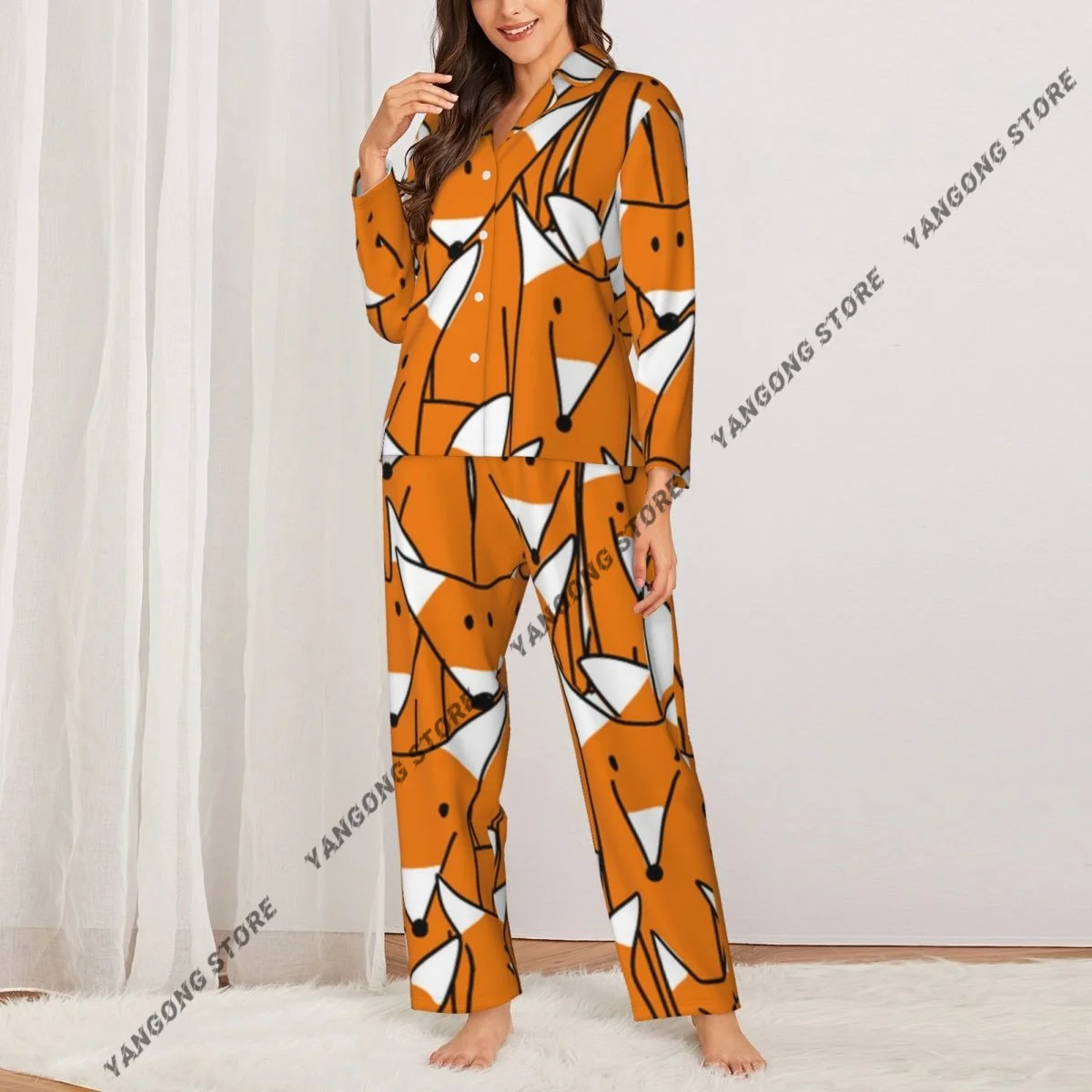 Women Sleepwear Pajamas Foxes Long Sleeve Pijama Female Set Negligee Cardigan Suit