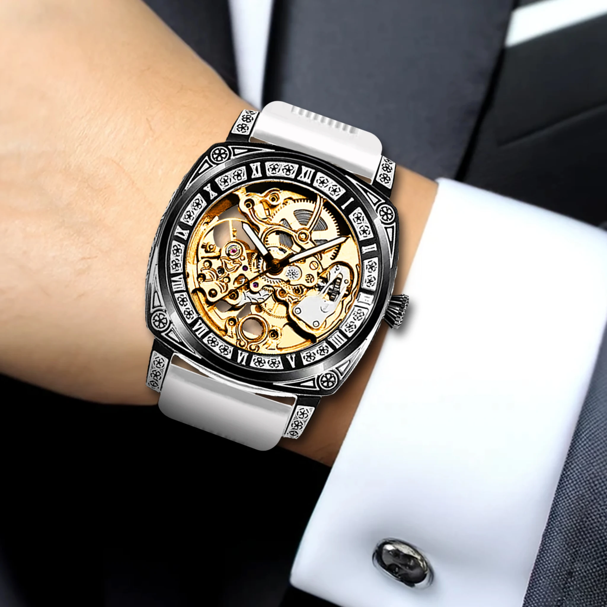 New men's gold and white adhesive tape sports style handsome and fashionable night light carved tourbillon mechanical watch