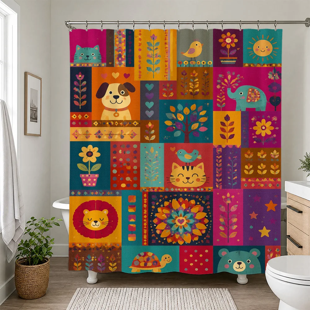 Colorful Rainbow Animal Pattern Shower Curtain Fun Kids Bathroom Decor Novelty Shower Curtain