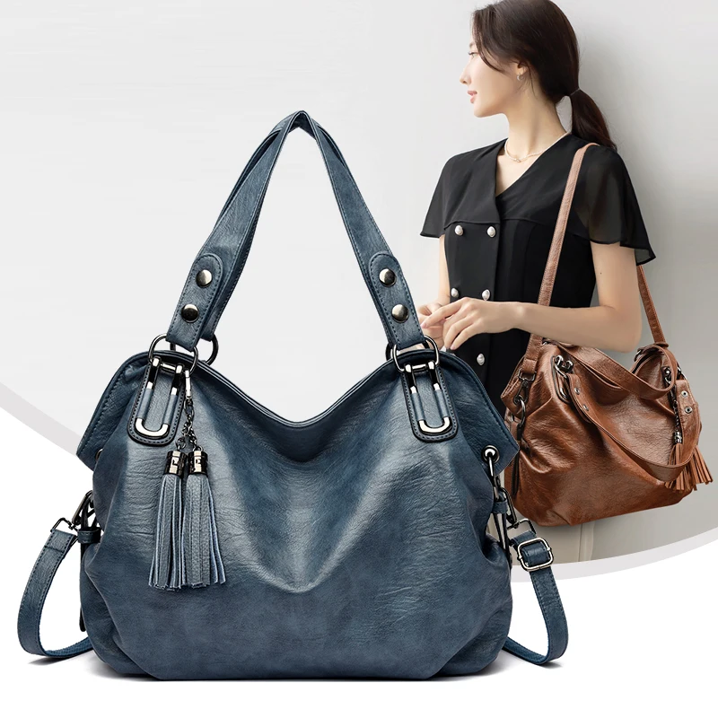 

Fashionable Commuter Soft Leather Women's Handbag Hot Sale New Casual Single Shoulder Tassel Trim Bucket Bag High Quality Casual