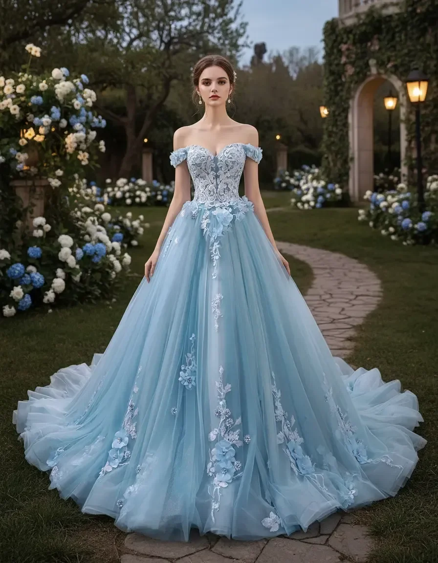 Sky Blue Off-the-shoulder 3D Floral Embroidery Ball Gown Quinceanera Wedding Prom Dress with Free Petticoat
