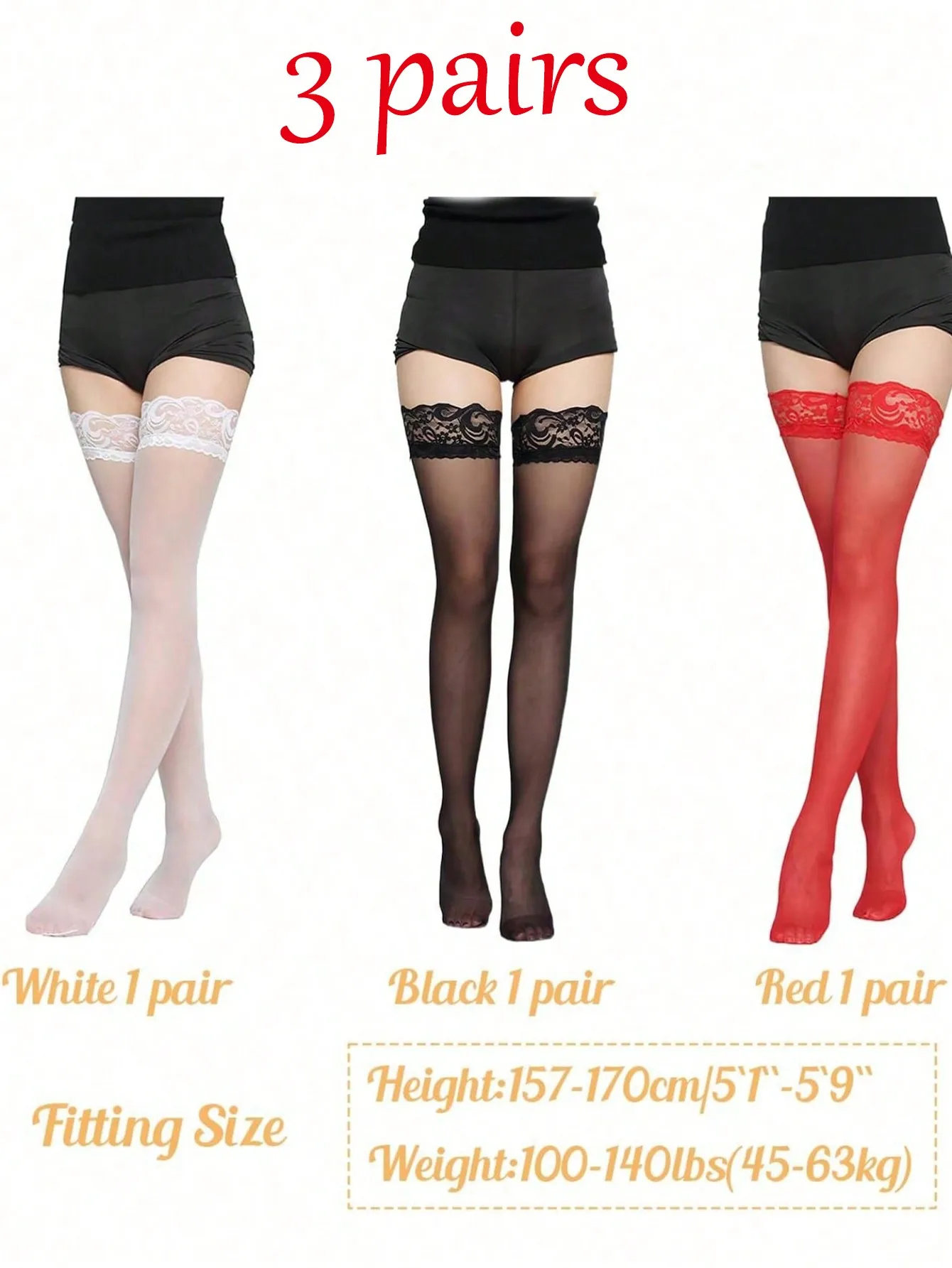 

3 пары кружевных чулок-ботфортов белого, черного и красного цветов — сексуальное прозрачное белье для клуба, свиданий, свадьбы