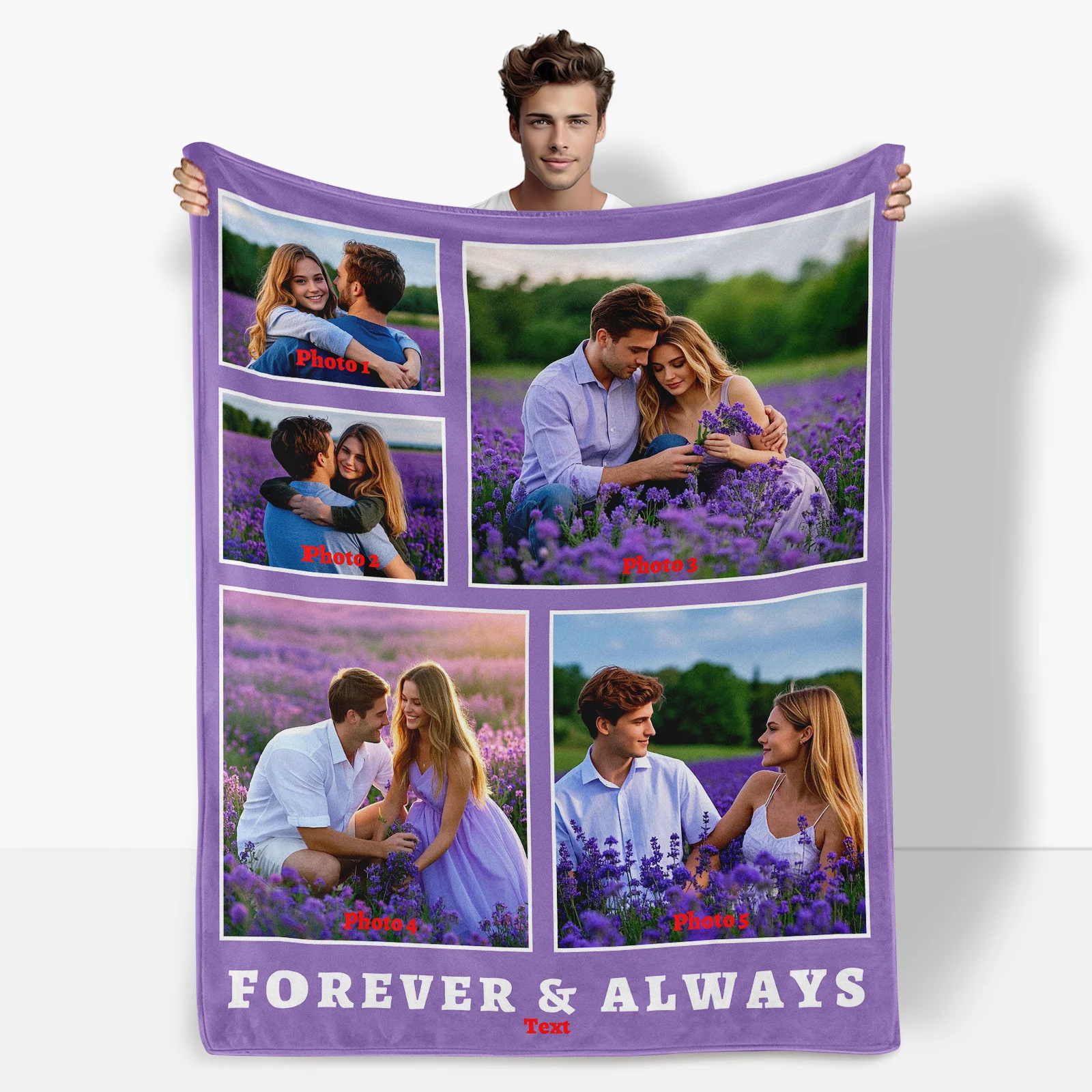 커플을 위한 5장의 사진과 1개의 텍스트로 맞춤 제작 가능한 로맨틱한 담요는 소중한 사진과 진심 어린 메시지를 추가합니다.