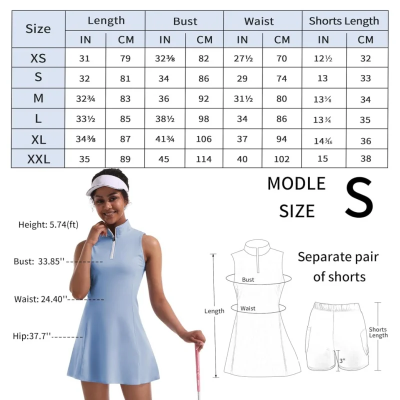Sukienka do tenisa dla kobiet, sukienki do tenisa golfowego z wbudowanymi spodenkami i kieszeniami do treningu sportowego bez rękawów