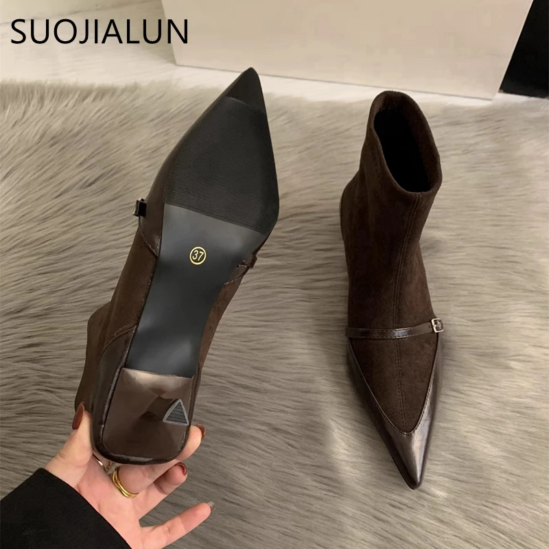 SUOJIALUN Winter New Brand Women Ankle Boots Fashion Pointed Toe Ladies Elegant Short Boots Shoes Thin High Heel Dress Pumps Sho