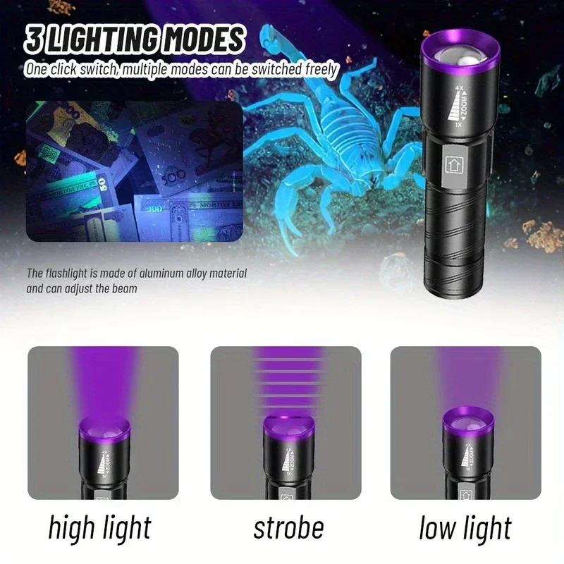 UV Flashlight LED Ultraviolet Torch Zoomable Mini Ultra Violet Lights 395/365nm Inspection Lamp Pet Urine Stain Detector Tools