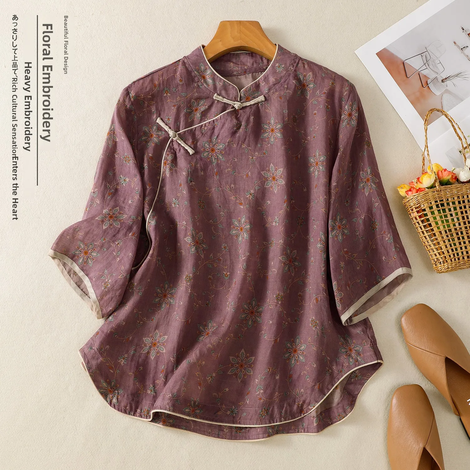 

Элегантная женская рубашка с коротким рукавом и ретро-принтом, летняя, тонкая, в новом китайском стиле, с воротником-стойкой, на пуговицах, 100% хлопок