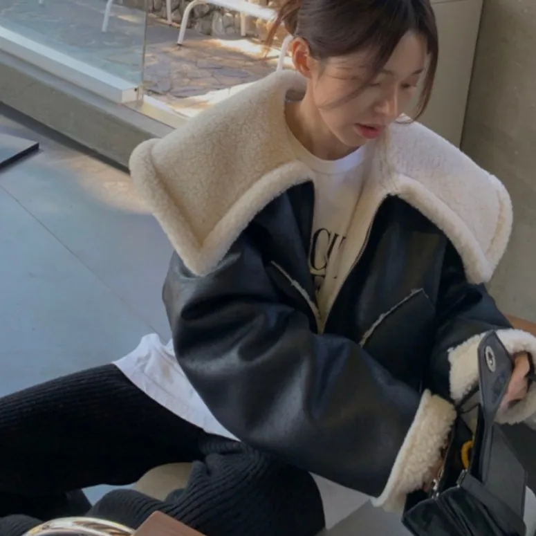 ラムファー ジャケット レディース オルト スレ ビッグカラー 冬コート スイート クール PUレザー バイカー服 韓国風 スレ レギュラーフィット