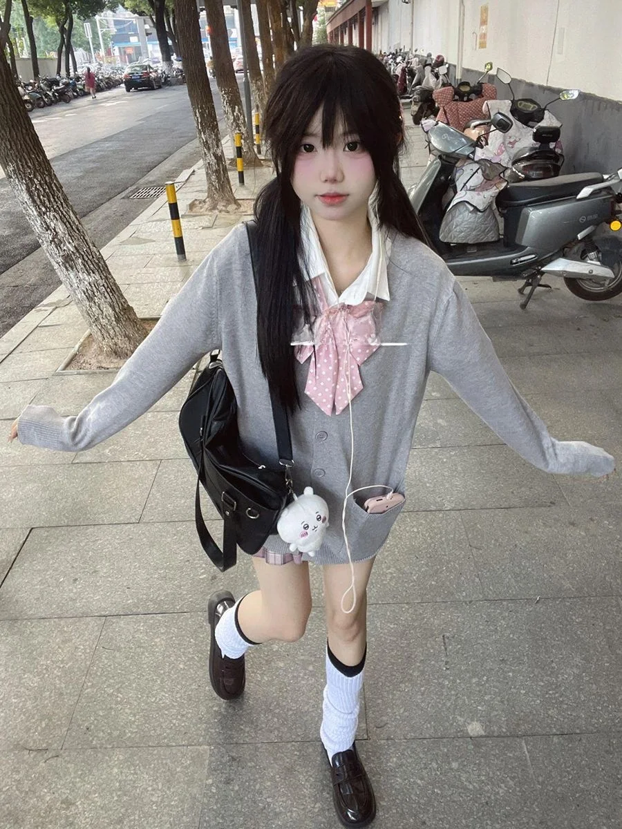 

Original JK orm Autumn Winter Set Plaid Skirt Long Sve Open Cardigan Sweater College Sle School orm Soft Girl La...