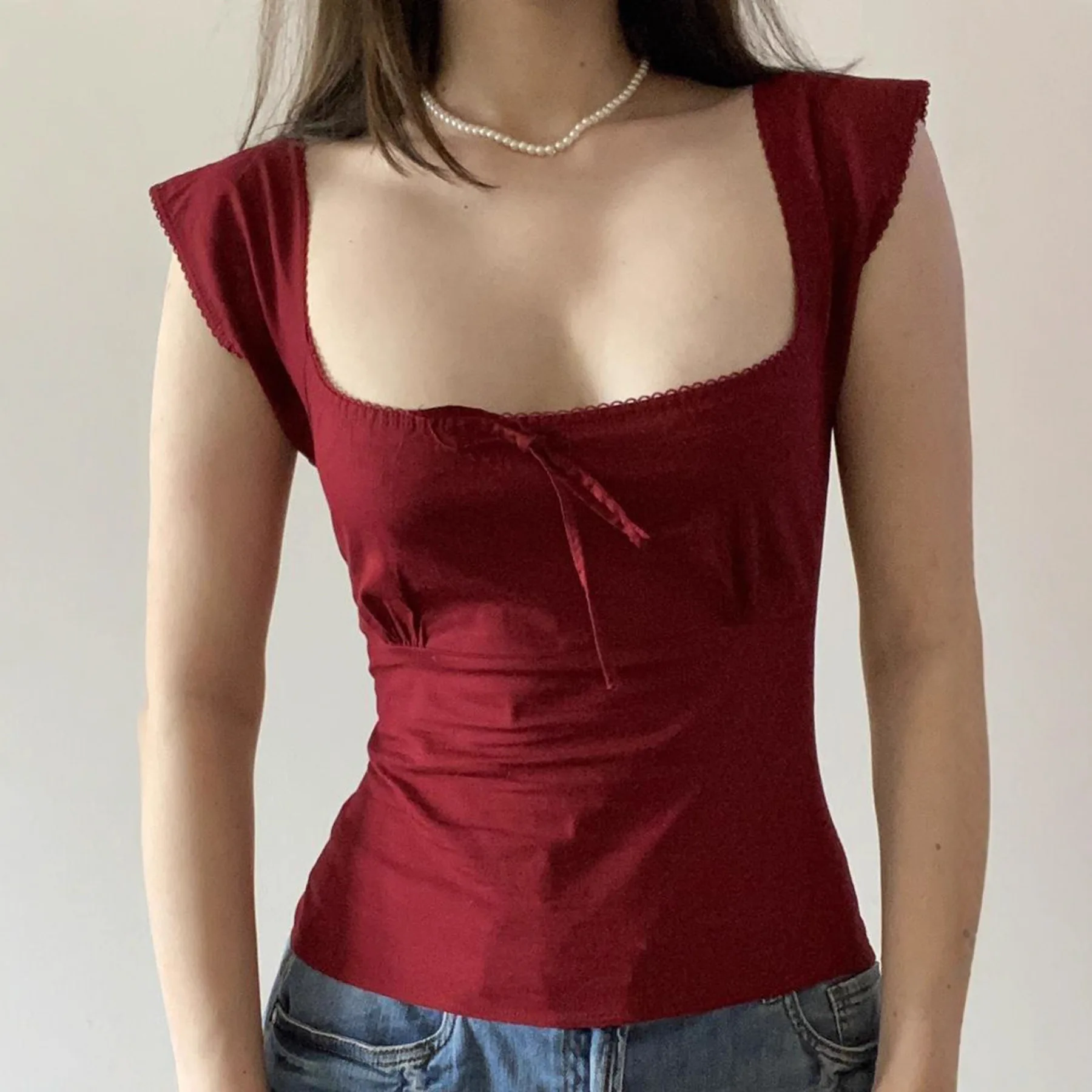 Women Crop Top 2026 Base Layers Women Square Neck Fly Sleeve T Shirt Short Stylish Tie Detail Slim Fit Casual Chic Top