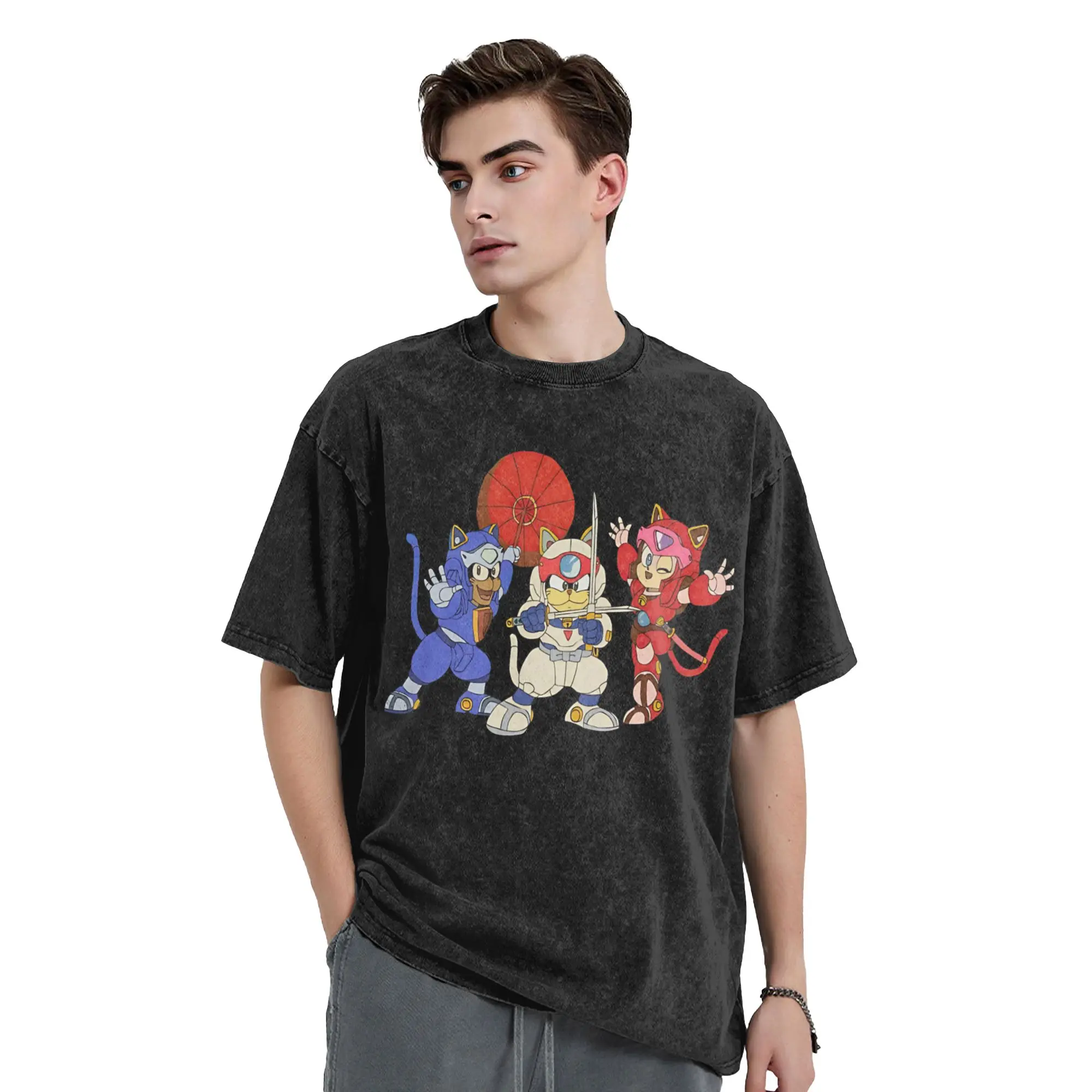 Washed T Shirt Samurai Pizza Cats Hip Hop Vintage T-Shirt Harajuku  Streetwear Short Sleeve Printed Tops Tees for Men Women