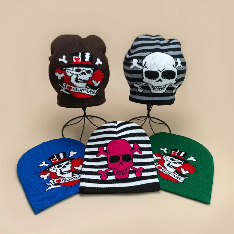 Skull Stripe Wool Knitted Hats Autumn and Winter New Hip Hop Color Block Warm Personal Fashion Street Comfortable Versatile INS