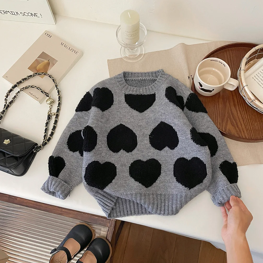 2PCS Girls' Gray Sweater Set 2026 New Winter Thickened Knitwear for Little Girls Fashion Warm Children's Flare Pants Long Sleeve 2