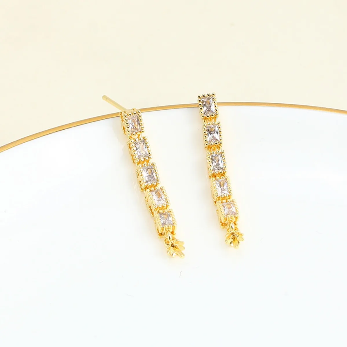 Women Brass 14K Gold Plated Square CZ Long Vertical Drop Blank Setting Handmade Findings For DIY Pearl Dangle Earring