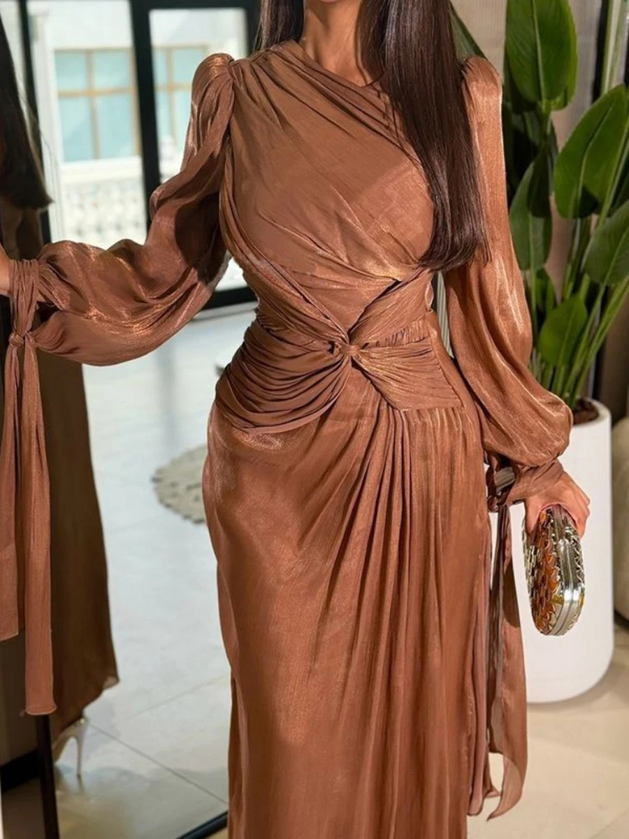 VGH voir à travers les plis brillants robe de soirée pour les femmes col rond lanterne manches taille haute épissé à lacets moulante longues robes femme