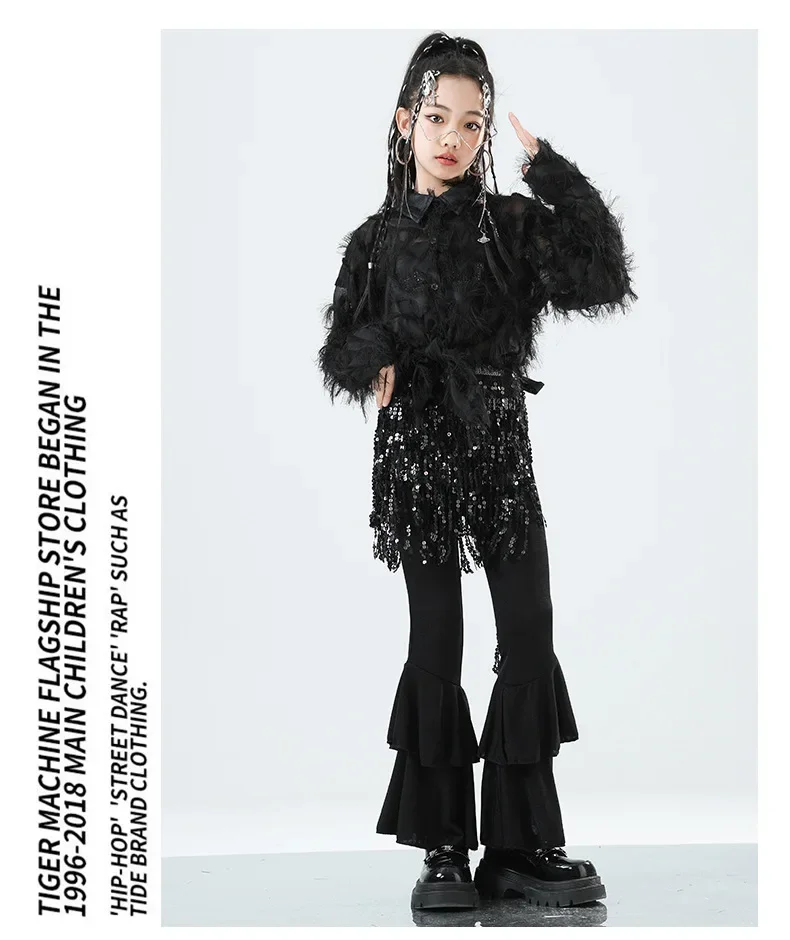 Mädchen Western-Style Performance-Outfit Jazz-Tanzkostüm mit Federn und Strass Glänzende Kinder-Bühnen-Partykleidung – Detail 7