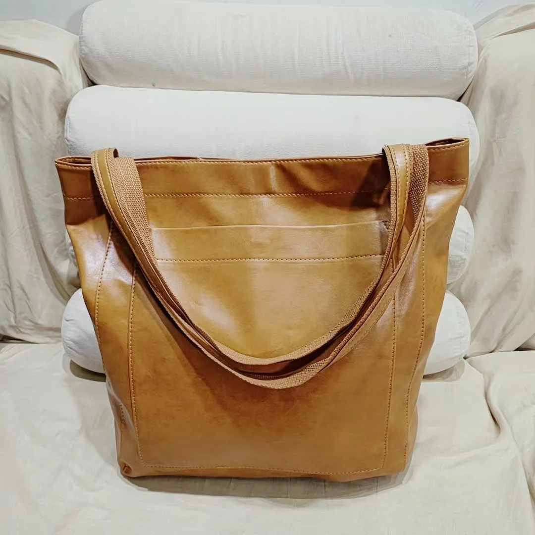 Oil and wax pu leather large capacity tote bag shoulder bag for women soft luxury vintage lady\'s handbag underarm bag casual