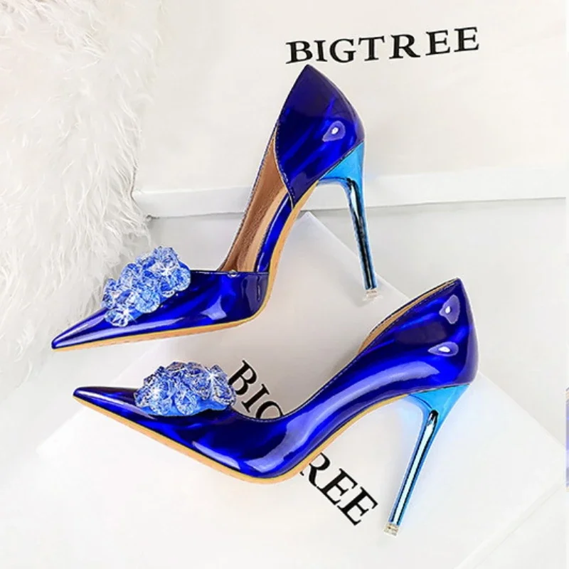 BIGTREE-Strass Bow Stilettos para mulheres, saltos altos sexy, sapatos de festa, banquete, bombas de luxo, tamanho grande 41, 42, 43