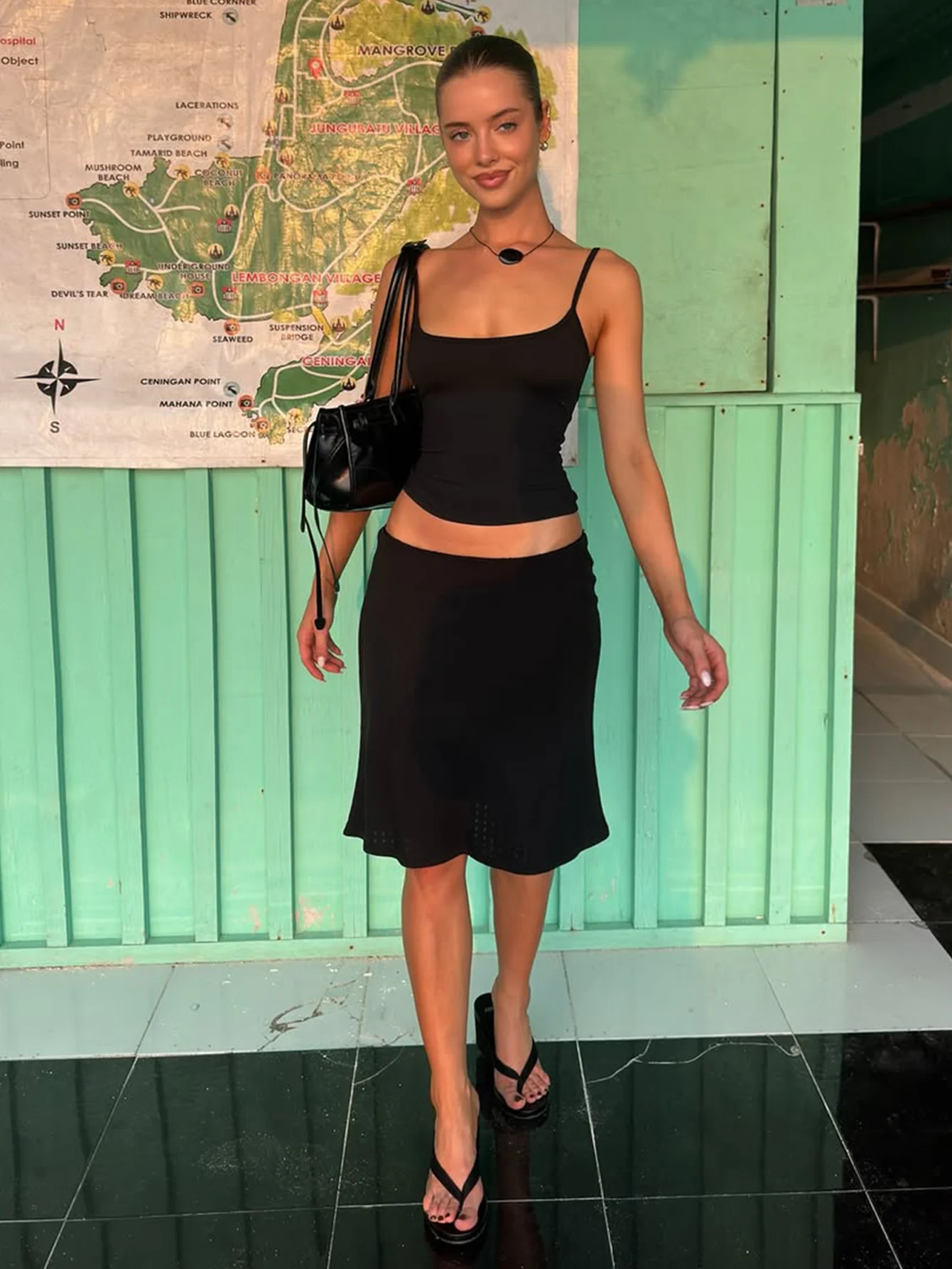 Basic  Color Strap Vest And Fish Tail Skirt Two Piece Set Casual Summer Outfit for Trendy Girls Short Length round Neck ...