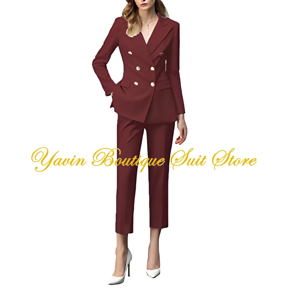 2 Piece Women\'s Suit Peaked Lapel Classic Fit Outfit Double Breasted Jacket Formal Business Blazer Pant Suits