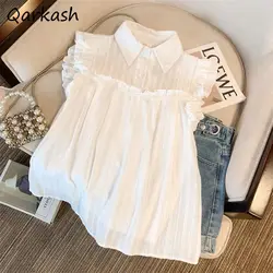 Women Blouses Sweet Sleeveless Solid Lace Ruffles Japanese Fashion Kawaii Students College Girls Comfortable Loose Summer Chic