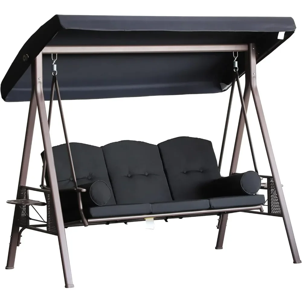 

3-Seat Patio Swing Chair, Outdoor Porch Swing Glider with Adjustable Canopy, Removable Cushion, Pillows and Side Trays, Swings