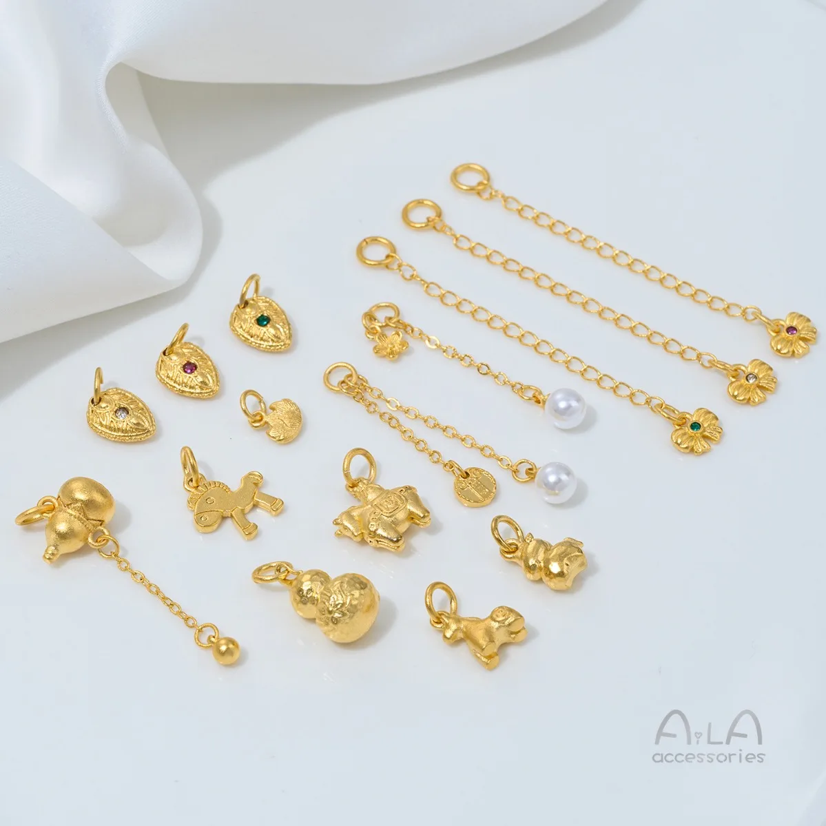 Brass Gold Tone Five God Wealth Flower Extender Chains Horse Gourd Feather Charms DIY Pendant Jewelry Findings